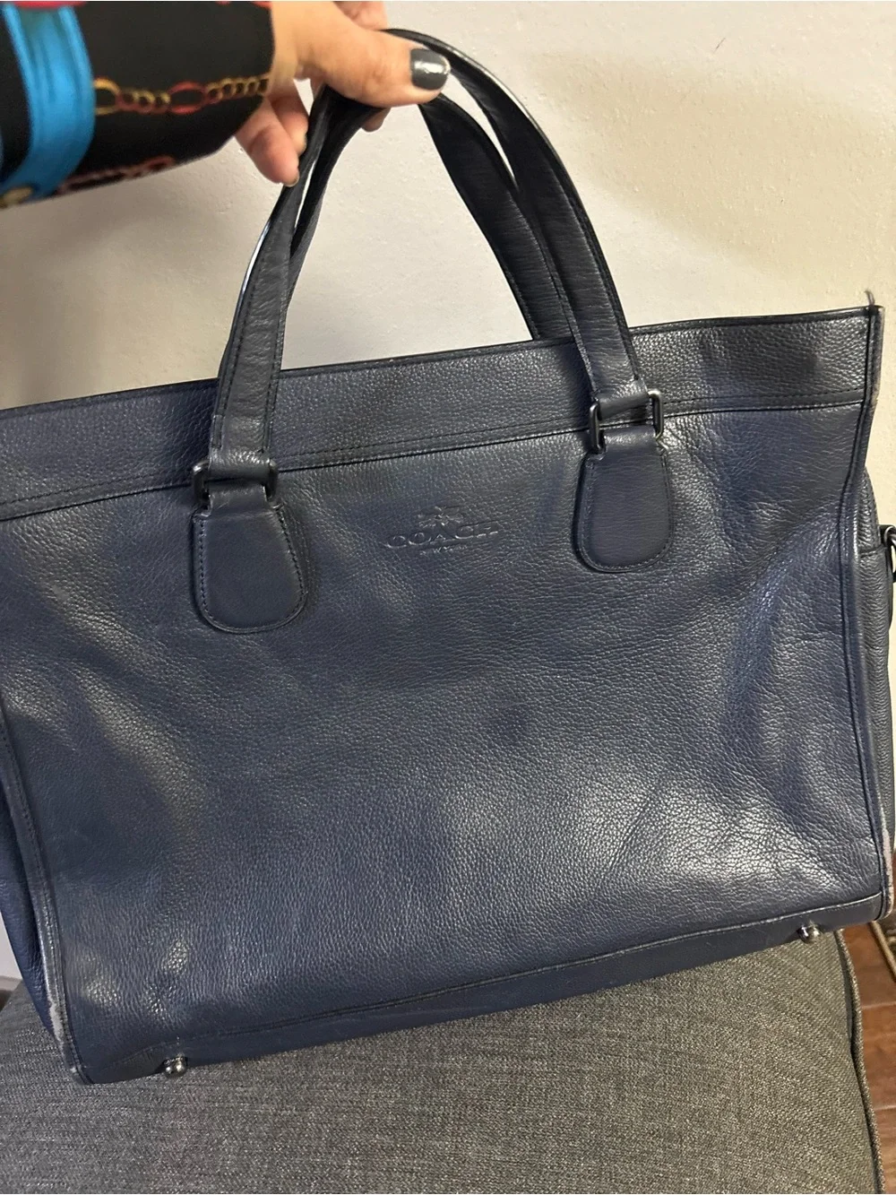 Coach Smith Navy Pebble Leather Briefcase with Detachable Strap.